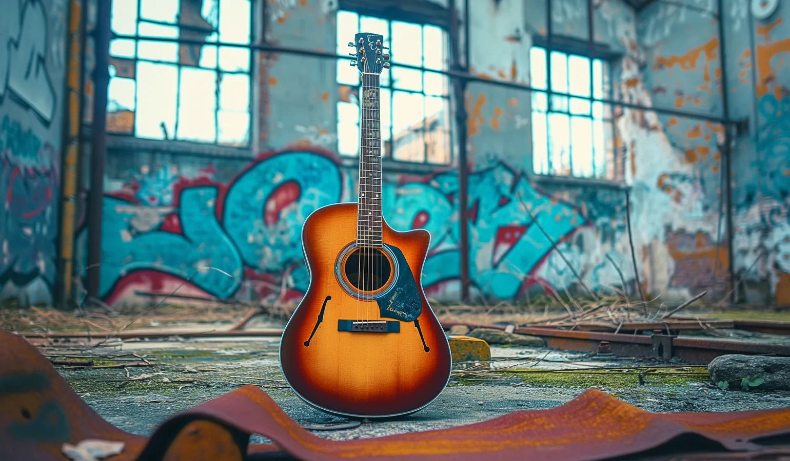 Guitare acoustique posée sur son stand — ambiance