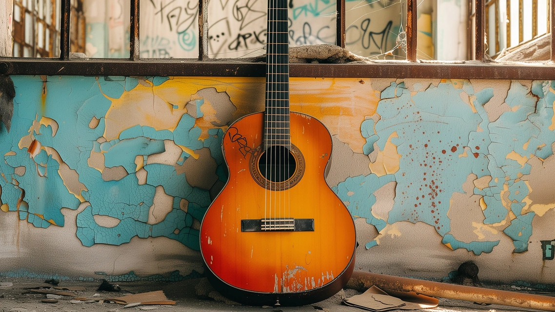 Guitare acoustique appuyée contre un mur — ambiance