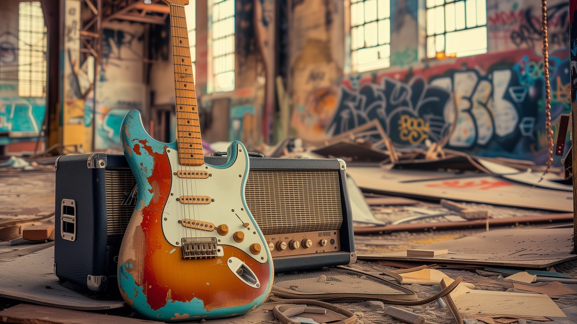 Guitare électrique posée sur un amplificateur — ambiance scène