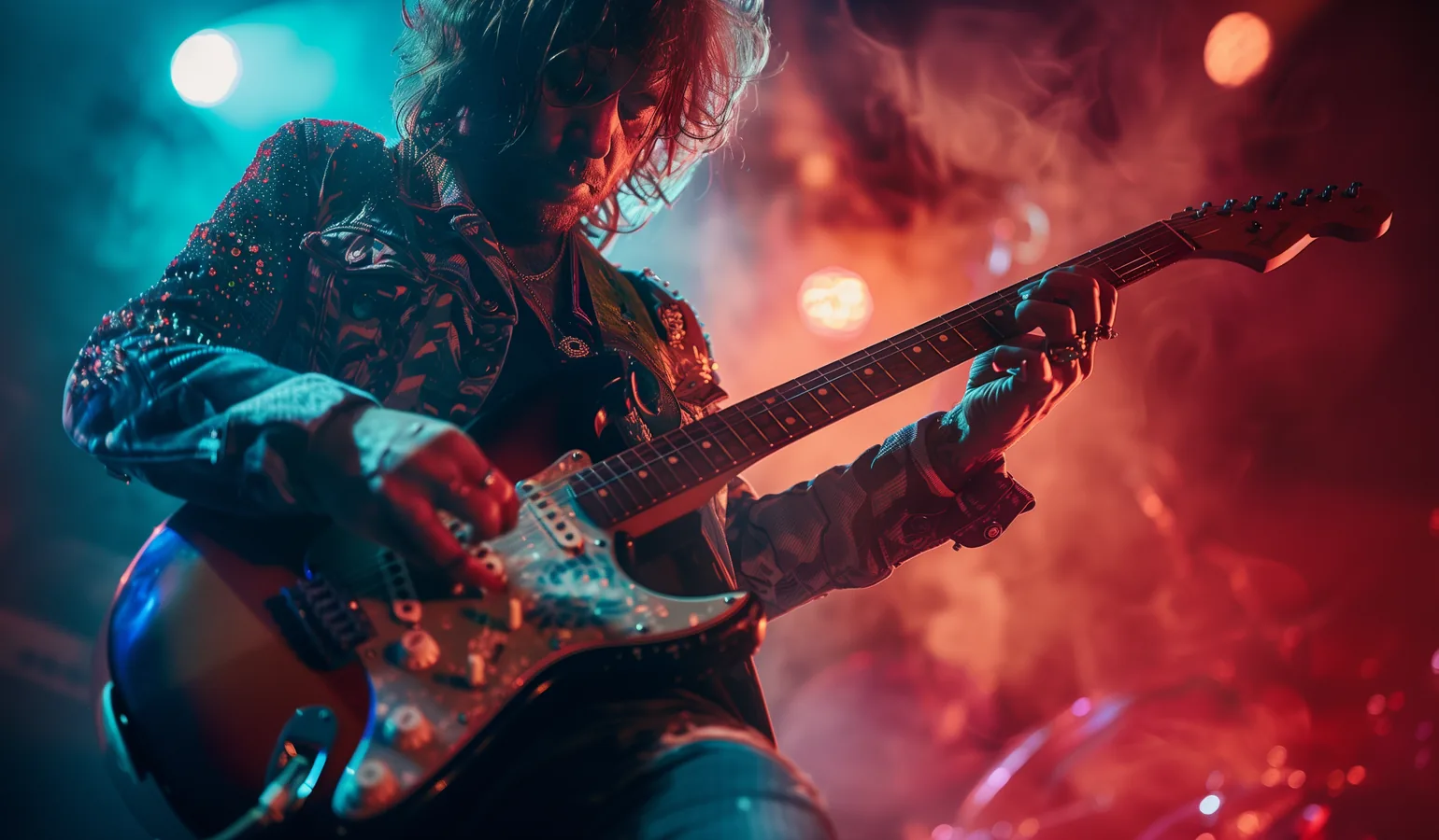 Guitariste en spectacle avec une Fender vintage — ambiance scène