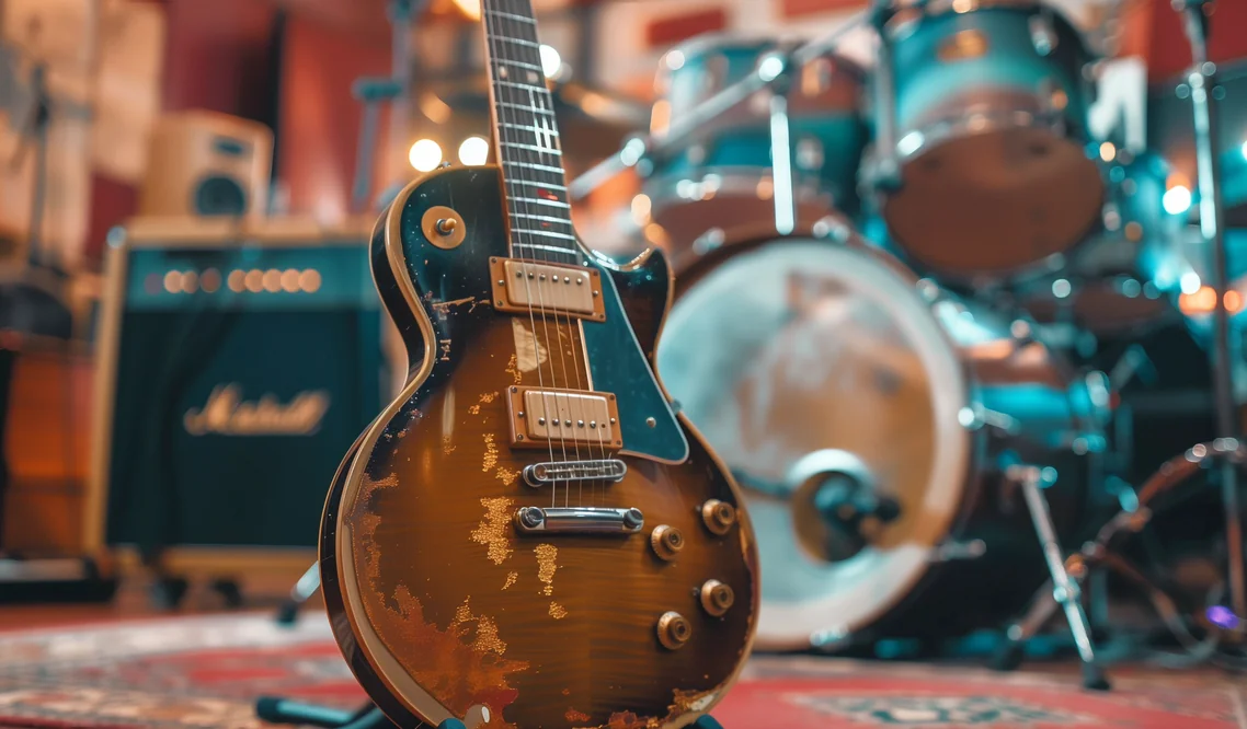 Guitare électrique vintage au repos sur une batterie